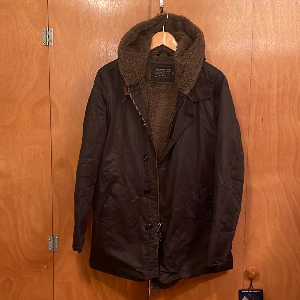 J.Crew Falmouth Parka— Black Waxed Cotton Exterior—Small
